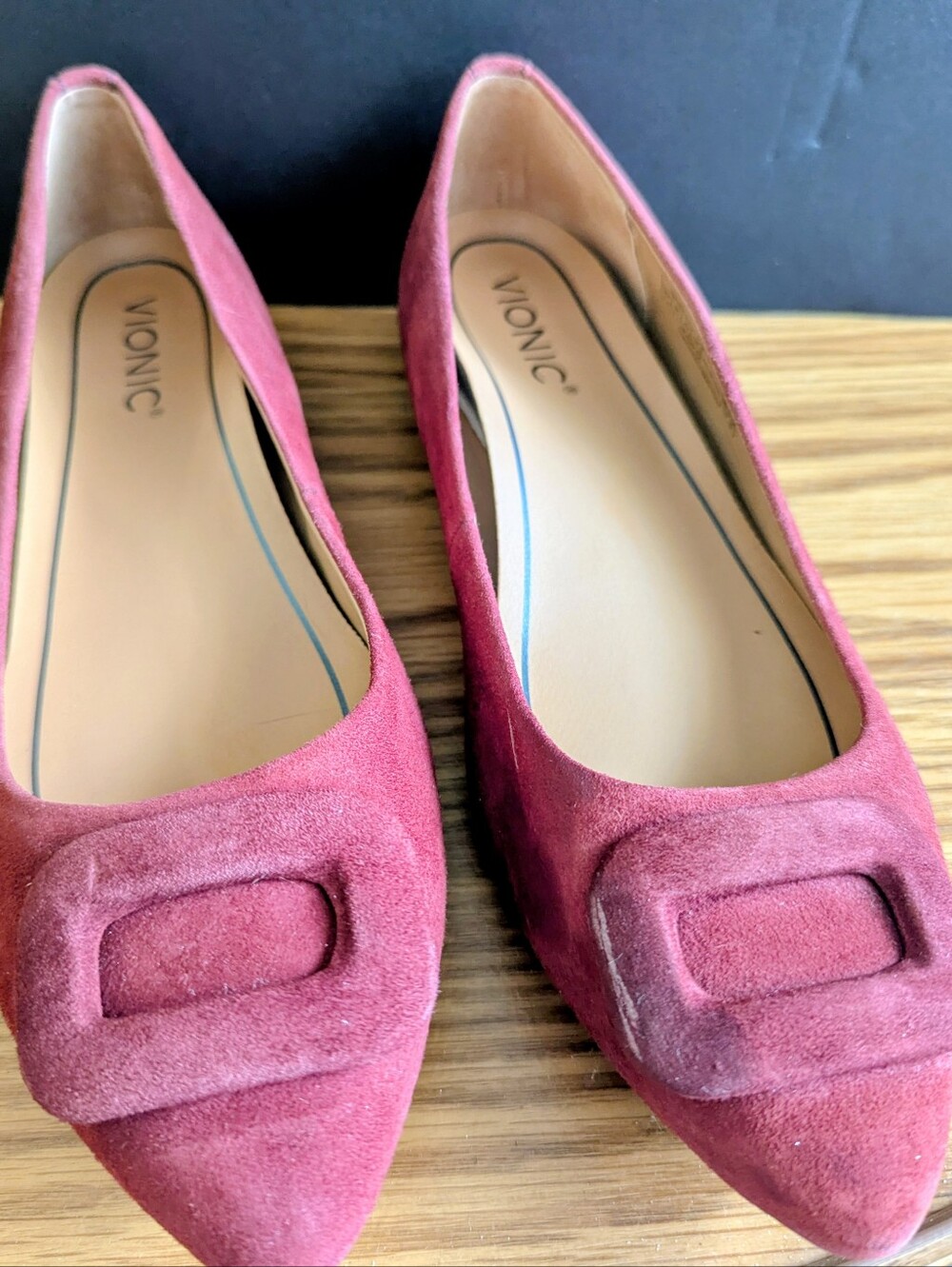 Vionic Women's Burgundy Suede Pointed-Toe Flats with Buckle Accent